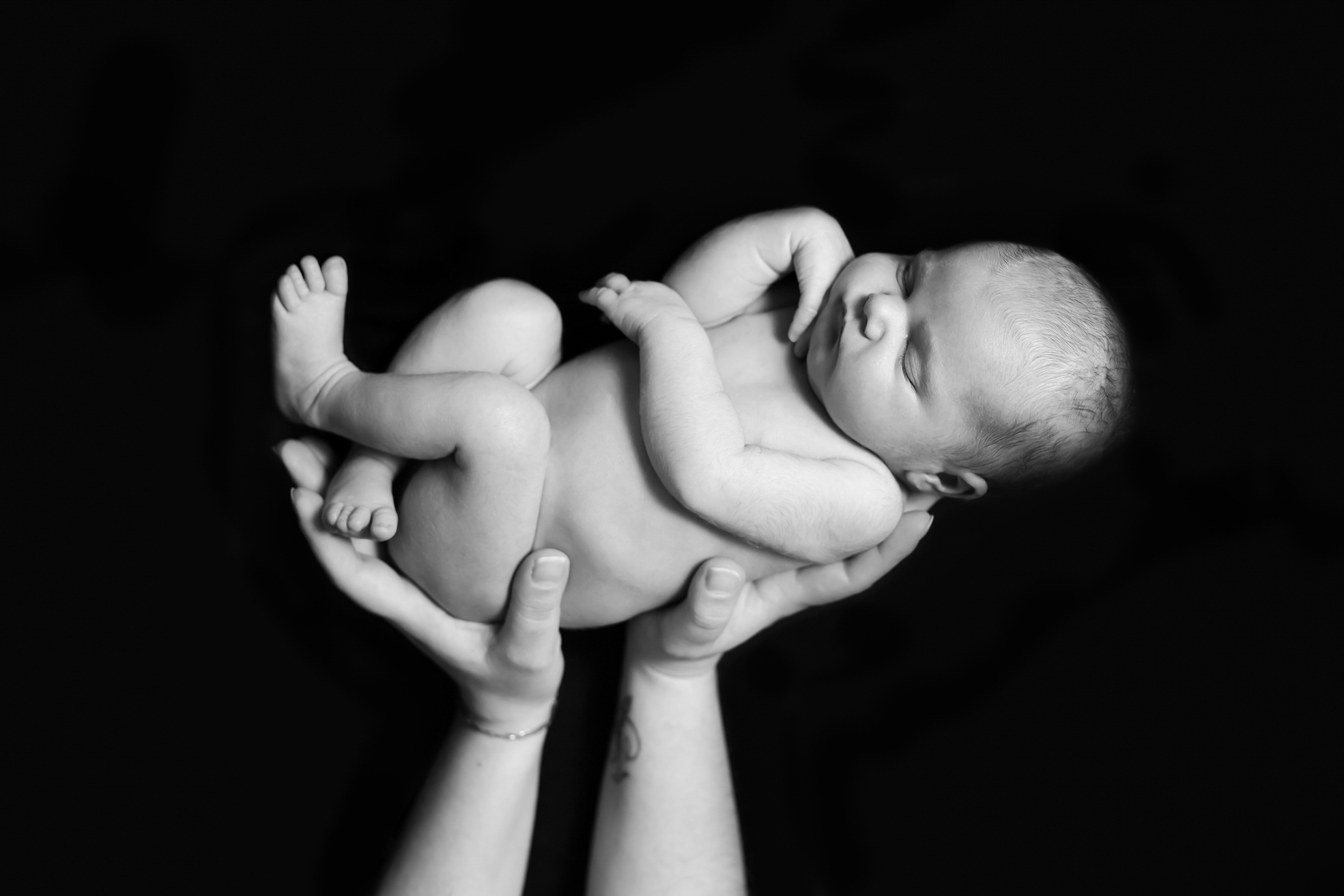 Bébé posé sur un coussin, entouré des mains protectrices de ses parents en studio.