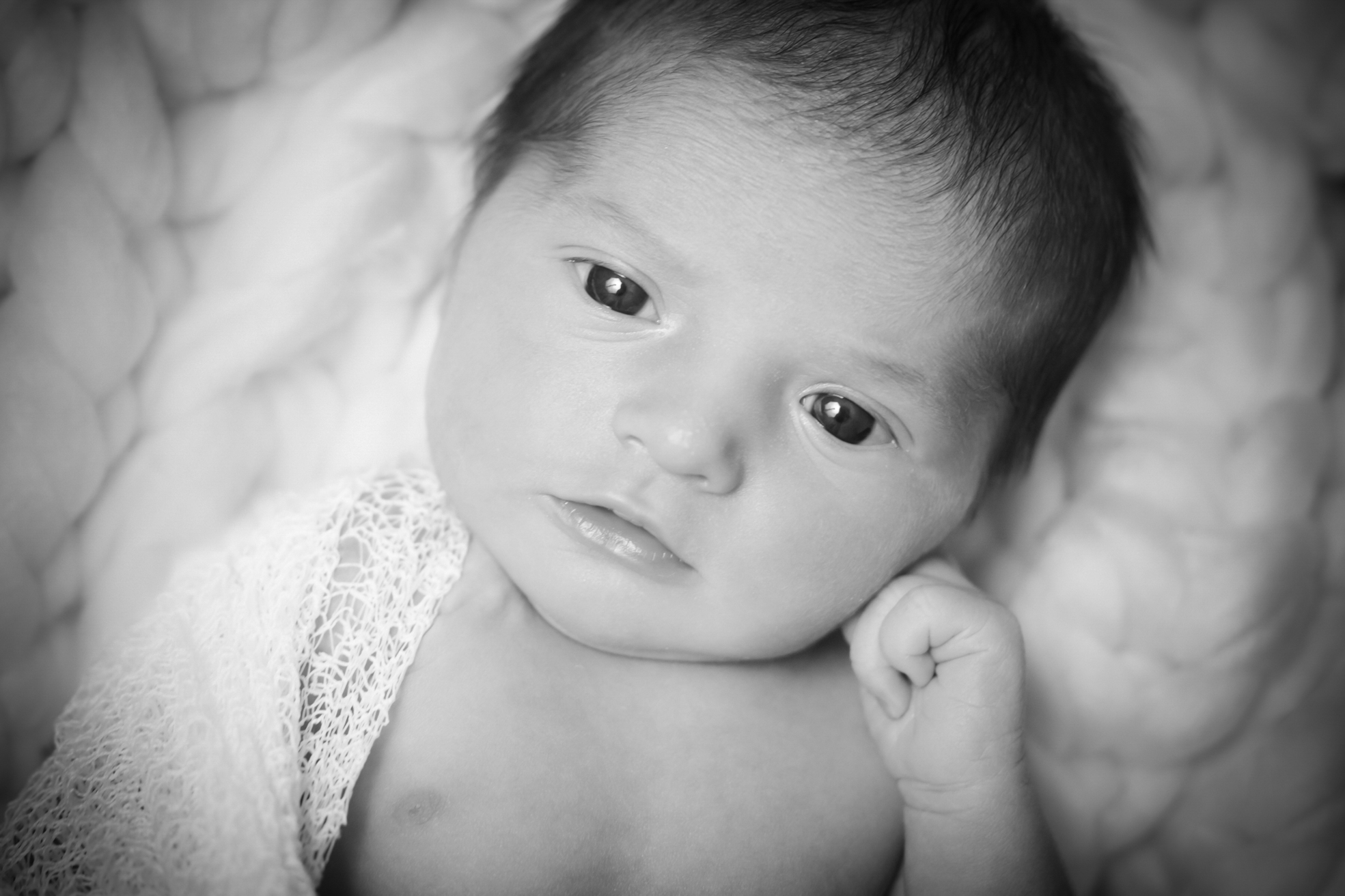 Nouveau-né seul sur un coussin moelleux, regardant légèrement l’objectif.