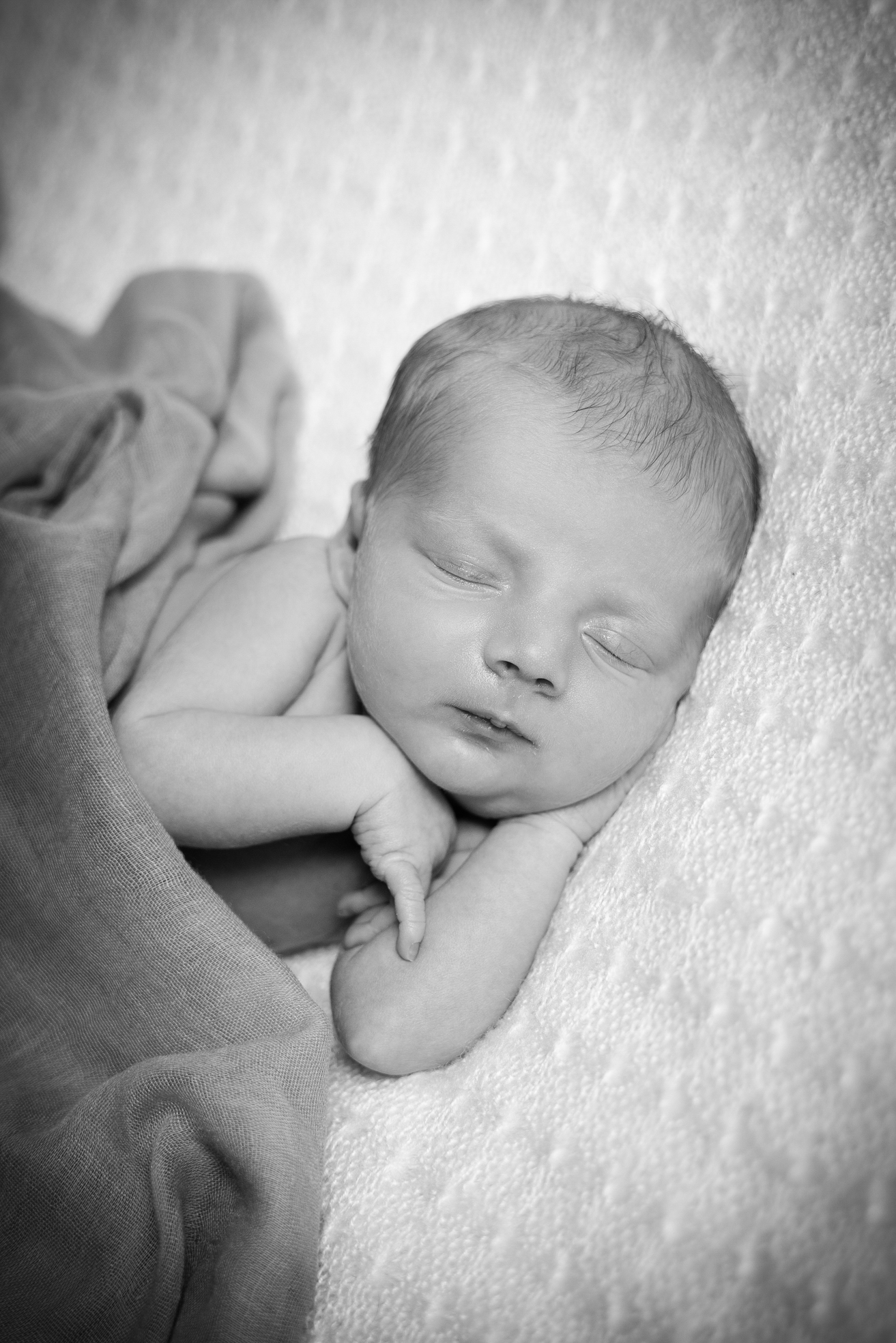 Nouveau-né endormi avec les mains près du visage en studio à Bressuire.