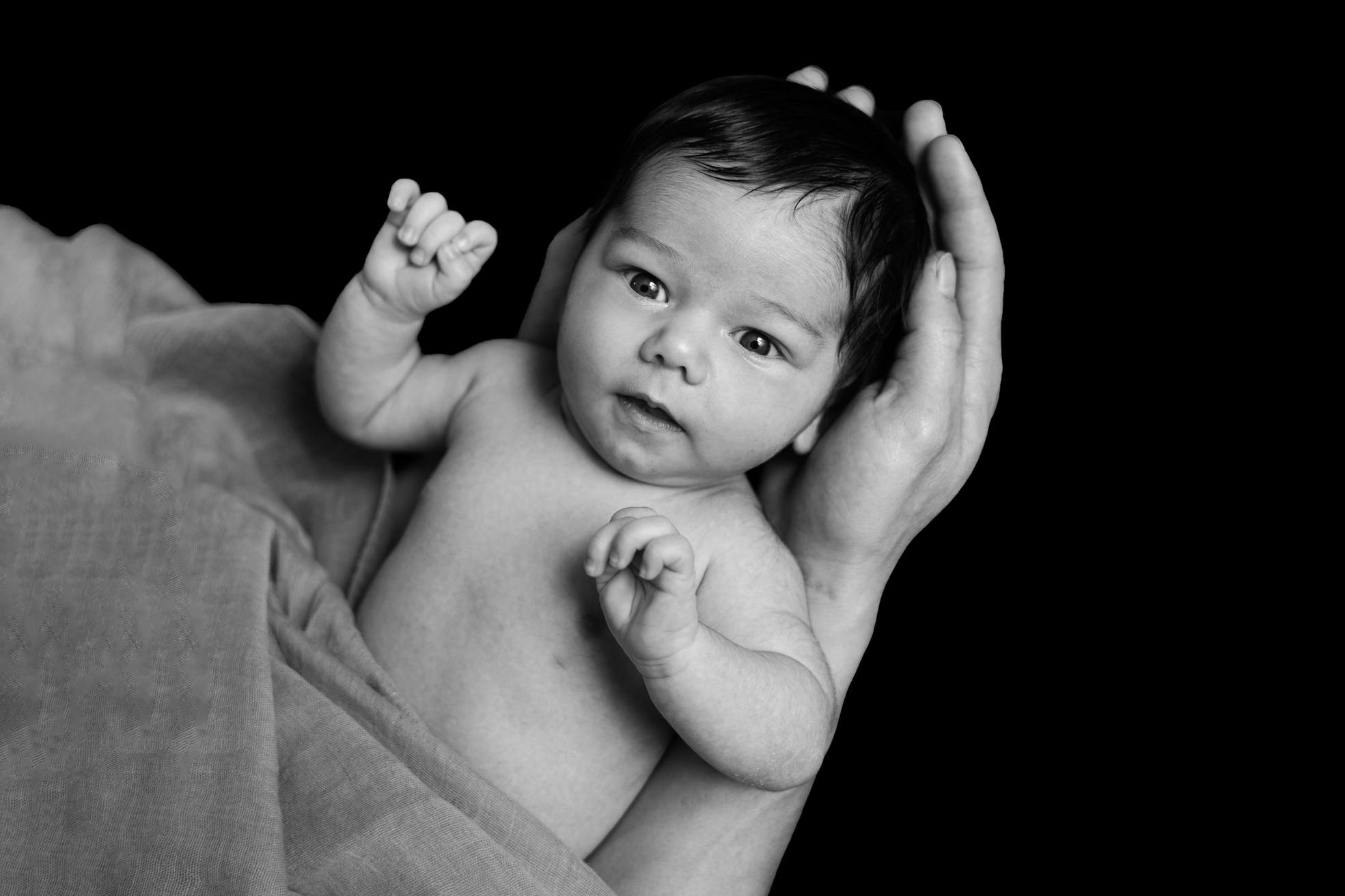 Bébé posé sur le dos, entouré des mains protectrices de ses parents en studio.